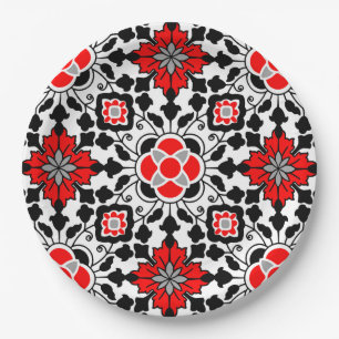 Assiettes En Carton Carrelage marocain floral, rouge profond, noir et 