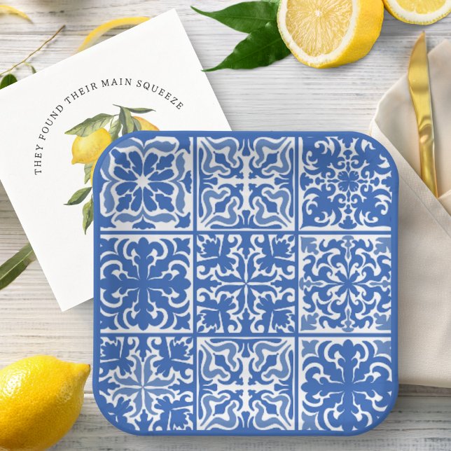 Assiettes En Carton Carrelage Méditerranéen Bleu Mariage ou Enterremen (Créateur téléchargé)