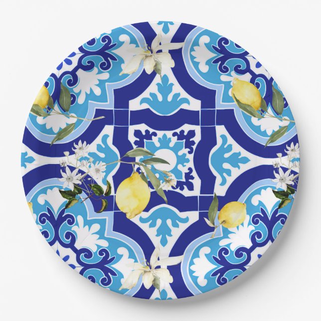 Assiettes En Carton Carrelage méditerranéen, carrelage bleu, citron, (Devant)