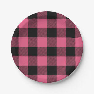 Assiettes En Carton Carrés à carreaux rose et noir Buffalo Plaid