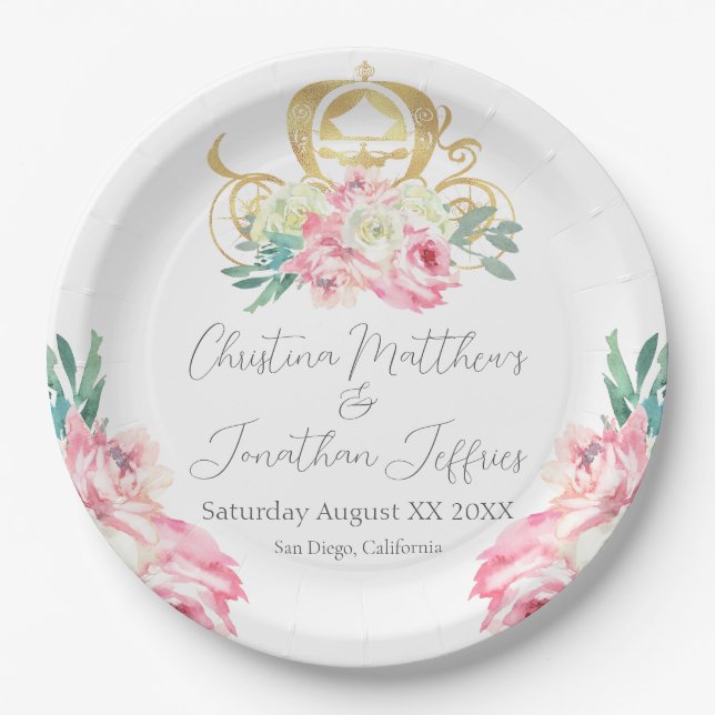 Assiettes En Carton Carriage et Fleurs roses Mariage de conte de fées (Devant)