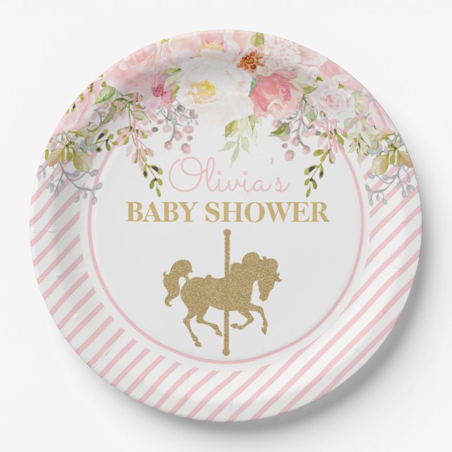 Assiettes En Carton Carrousel floral Merry Go Baby shower rond (Devant)
