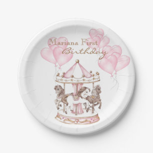 Assiettes En Carton Carrousel rose Unicorne premier anniversaire