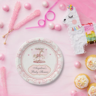 Assiettes En Carton Carrousel Vintage rose - Plaques de dessert Baby s