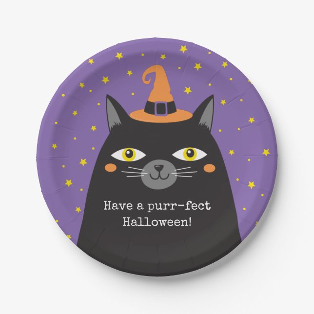 Assiettes En Carton Carte Chat Noir Halloween (Devant)