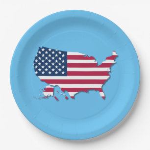 Assiettes En Carton Carte des États-Unis et drapeau blanc rouge bleu