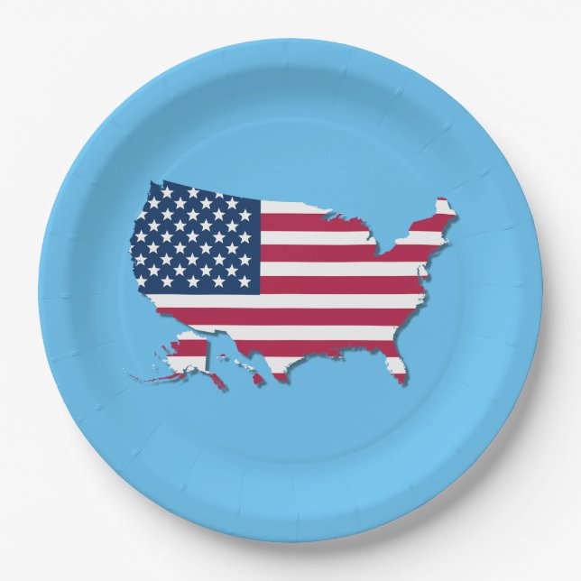 Assiettes En Carton Carte des États-Unis et drapeau blanc rouge bleu (Devant)