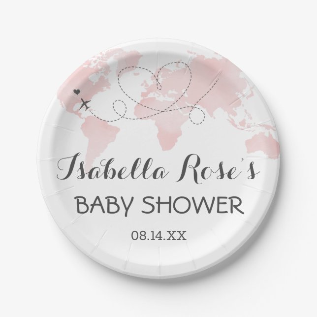 Assiettes En Carton Carte des villes Voyage aventure Baby shower rose  (Devant)