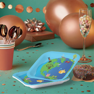 Assiettes En Carton Carte du monde animal Mignonne illustration de la 