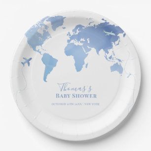 Assiettes En Carton Carte du monde bleu Voyage Baby shower d'aventure