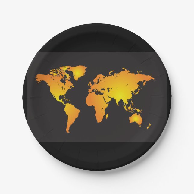 Assiettes En Carton Carte du monde lumineux en orange et jaune (Devant)