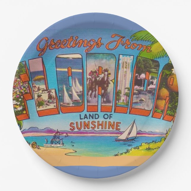 Assiettes En Carton Cartes de vœux colorées vintage de Floride  (Devant)