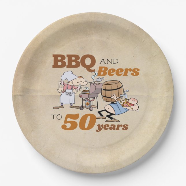 Assiettes En Carton Cartoon BBQ Et Bières 50e Anniversaire Rustique (Devant)