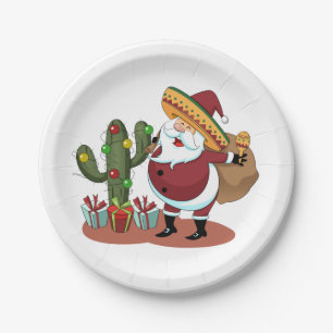 Assiettes En Carton Cartoon cactus and Santa Claus wearing a sombrero