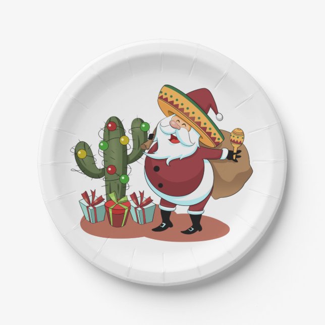 Assiettes En Carton Cartoon cactus and Santa Claus wearing a sombrero (Devant)