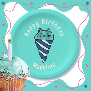 Assiettes En Carton Cartoon Cute Cat Bleu Glace Cone Anniversaire