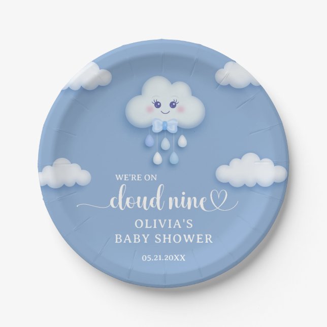 Assiettes En Carton Cartoon peluche nuage blanc 9 bleu baby shower gar (Devant)