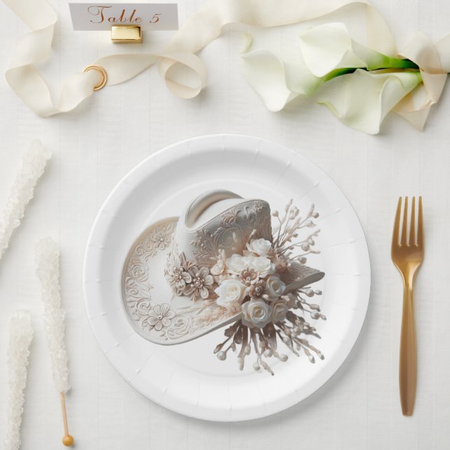 Assiettes En Carton Casquette blanc Cowgirl avec fleurs (Mariage)