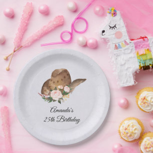 Assiettes En Carton Casquette Brown Cowgirl aux fleurs roses Anniversa
