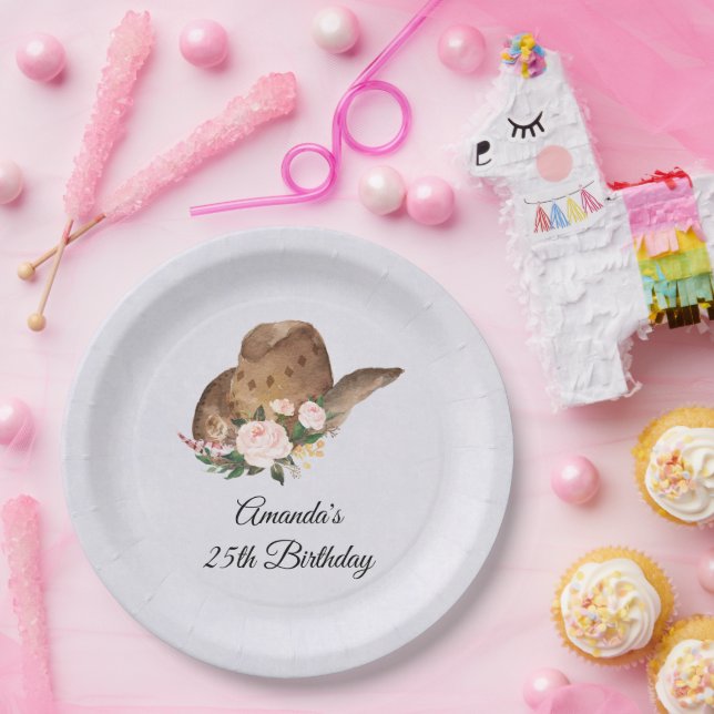 Assiettes En Carton Casquette Brown Cowgirl aux fleurs roses Anniversa (Fête)