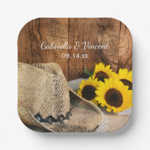 Assiettes En Carton Casquette de cowboy, tournesols, Mariage de l'Oues