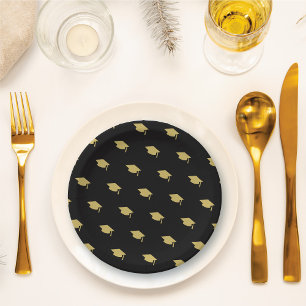 Assiettes En Carton Casquette De Diplôme D'Or Sur Black Modern Grad Pa
