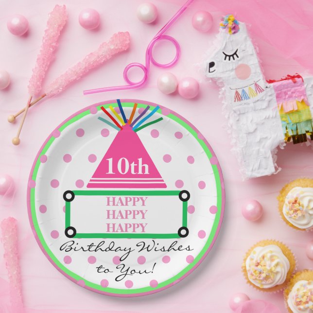 Assiettes En Carton Casquette de la fête des enfants Vert rose Pois (Fête)