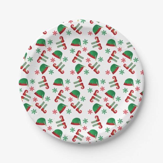 Assiettes En Carton Casquette Elf de Noël Snowflakes Motif vert rouge (Devant)
