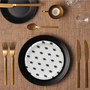 Assiettes En Carton Casquette noir de graduation sur blanc moderne Gra