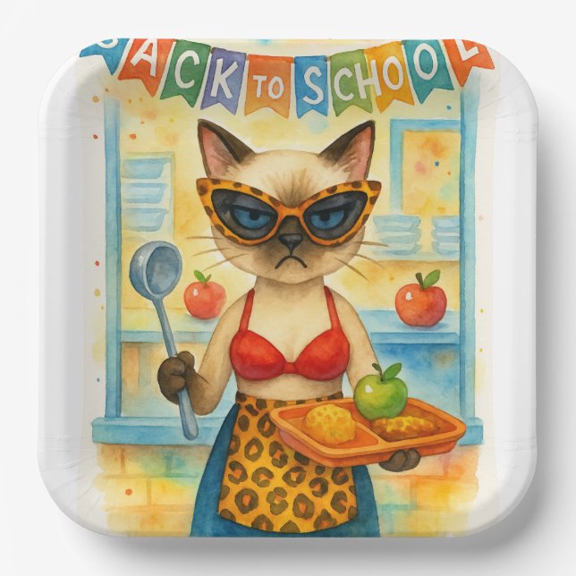 Assiettes En Carton Cat Lunch Lady Serving Food Back to School Themed (Recto)