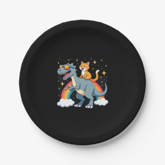 Assiettes En Carton Cat Riding Dinosaur T-Rex Kitten Rainbow Dino Funn