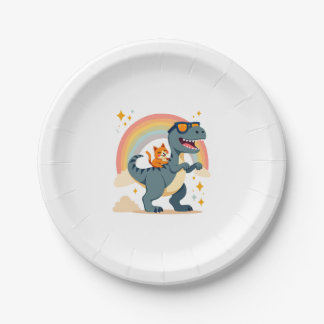 Assiettes En Carton Cat Riding Dinosaur T-Rex Kitten Rainbow Dino Funn