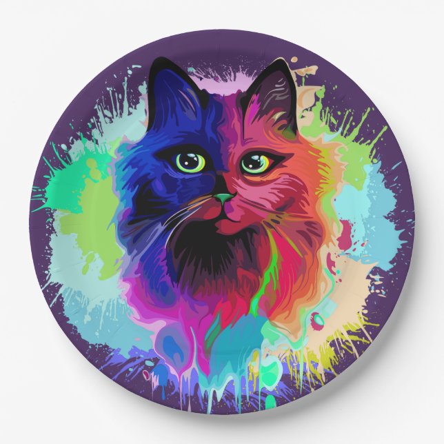 Assiettes En Carton Cat Trippy Psychedelic Pop Art (Devant)