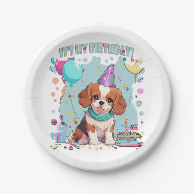 Assiettes En Carton Cavalier King Charles Pastel C'est mon anniversair (Devant)