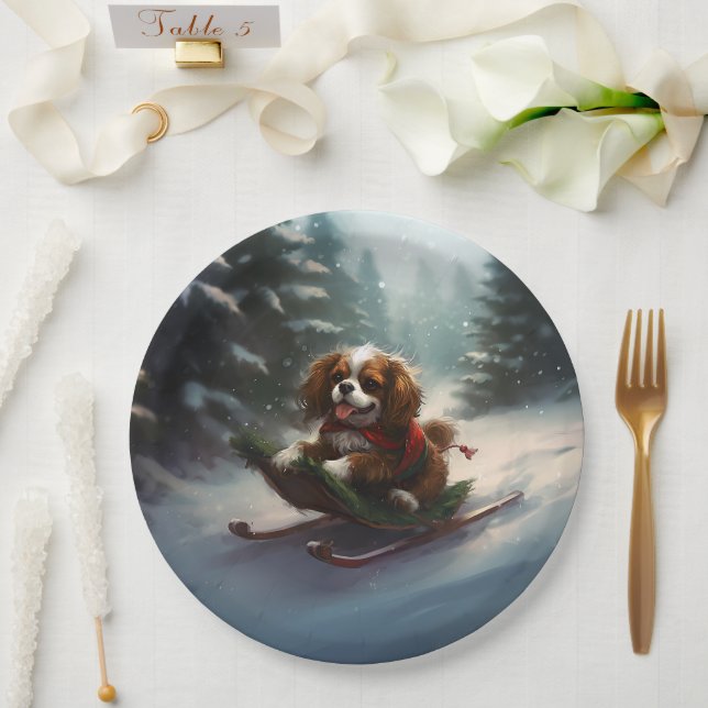 Assiettes En Carton Cavalier King Charles Spaniel neige de Noël (Mariage)