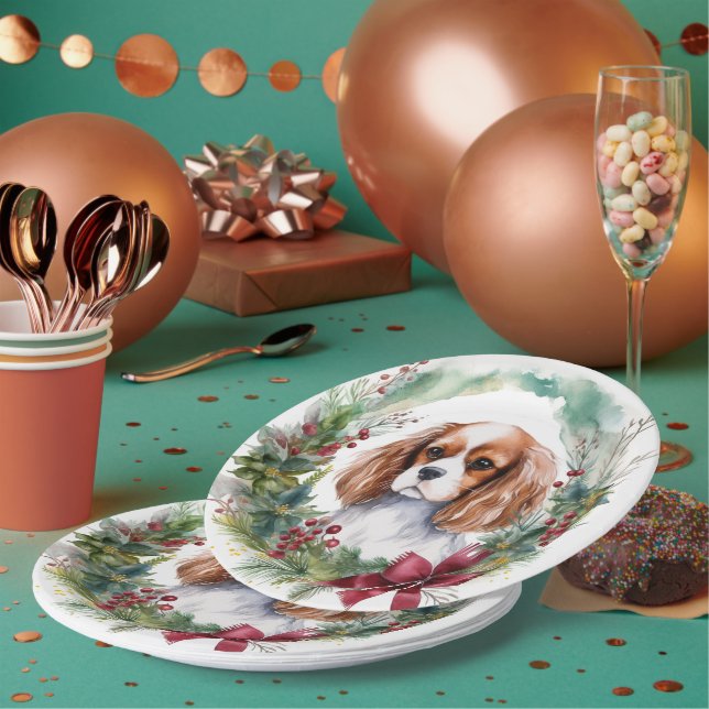 Assiettes En Carton Cavalier King Christmas Wreath Festive Pup (Multi)