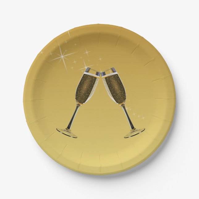 Assiettes En Carton Célébration des Lunettes de Champagne sur l'or (Devant)