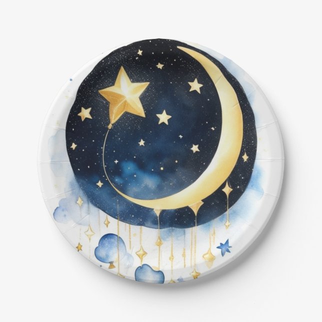Assiettes En Carton Céleste Lune étoiles Baby shower Aquarelle Thème (Devant)
