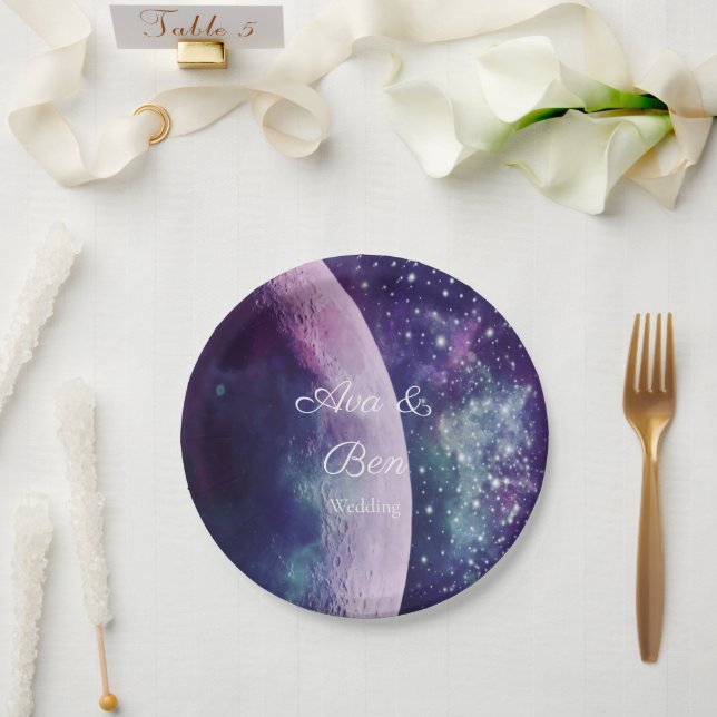 Assiettes En Carton Celestial Purple Galaxy Moon Wedding  (Mariage)