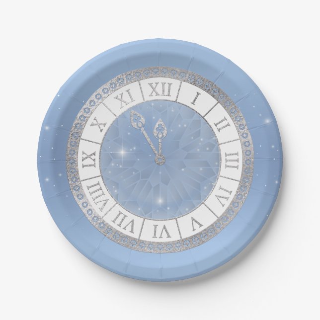 Assiettes En Carton Cendrillon bleu clair en argent Horloge Princesse (Devant)