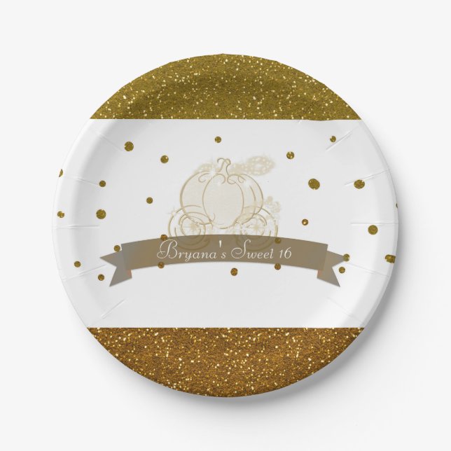 Assiettes En Carton Cendrillon Carriage Gold Parties scintillant Dots  (Devant)