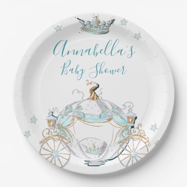Assiettes En Carton Cendrillon turquoise et or Princesse Carriage (Devant)