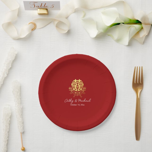 Assiettes En Carton Cercle double bonheur fleur mariage chinois (Mariage)
