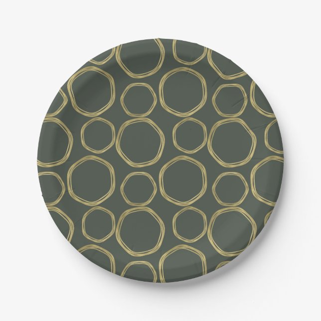 Assiettes En Carton Cercles d'or & Olive rustique Vert moderne tendanc (Devant)