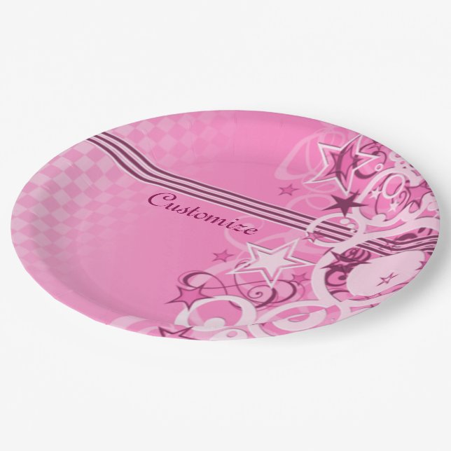 Assiettes En Carton Cercles rétro & Étoiles Plaques en papier rose (Angle)