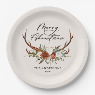 Assiettes En Carton cerf à l'aquarelle floral joyeux noël
