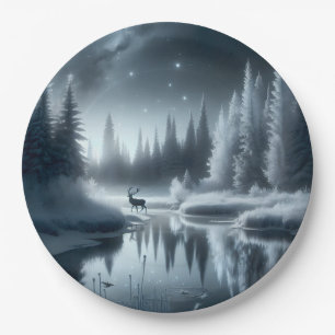 Assiettes En Carton Cerf dans une rivière hivernale la nuit