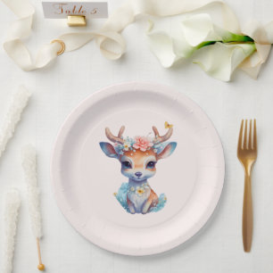 Assiettes En Carton Cerf de Bébé mignon avec Antlers et Fleurs