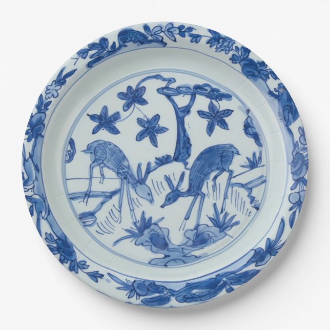 Assiettes En Carton Cerf de Chinoiserie Bleu et Blanc Faux Chine (Devant)