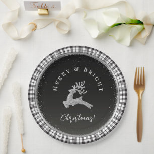 Assiettes En Carton Cerf de Noël Joyeux et Lumineux Carreaux Noir et B